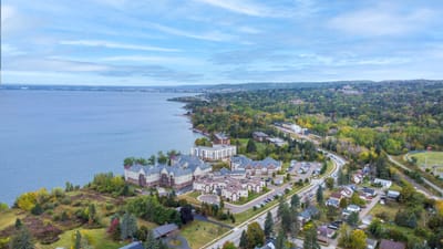 Aerial view of Lakeshore nursing facility by the water