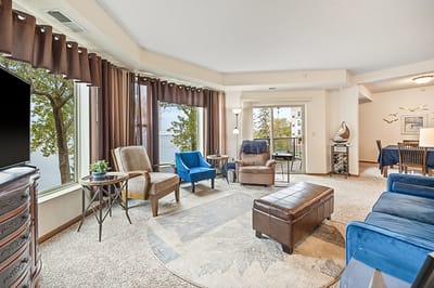 Cozy common area with seating and large windows