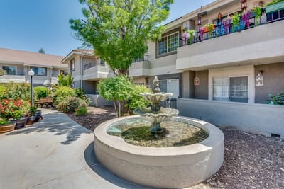 Outdoor area featuring a fountain and landscaped garden