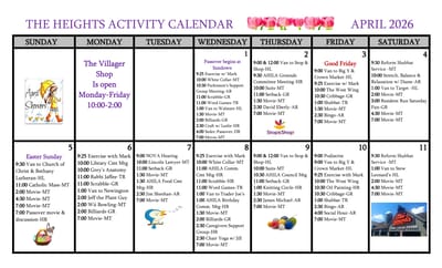 Avery Heights Assisted Living and Memory Care, independent living in Hartford, CT — Activity calendar for a senior living facility