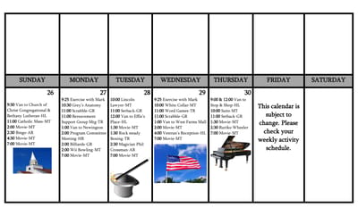 Avery Heights Assisted Living and Memory Care, independent living in Hartford, CT — Weekly activity calendar for a senior living facility