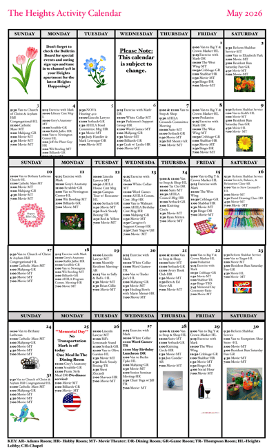 Avery Heights Assisted Living and Memory Care, independent living in Hartford, CT — Monthly activity calendar for a senior living facility