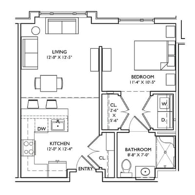 Architectural floor plan of a two-bedroom unit