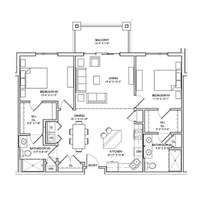 Architectural floor plan of a living unit layout