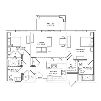 Architectural floor plan of a two-bedroom apartment