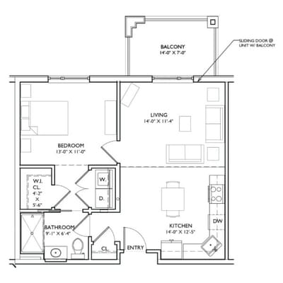 Architectural floor plan of a living unit with balcony
