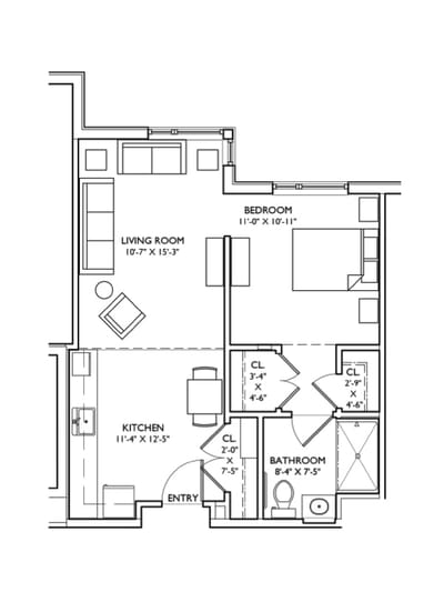 Architectural floor plan of a one-bedroom unit