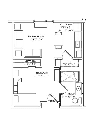 Architectural floor plan of a resident unit