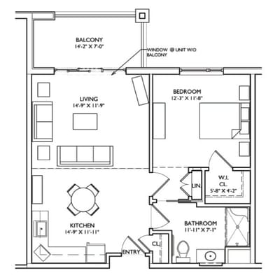 Architectural floor plan of a one-bedroom unit