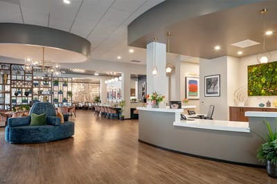 Bright and welcoming lobby area of a senior living facility
