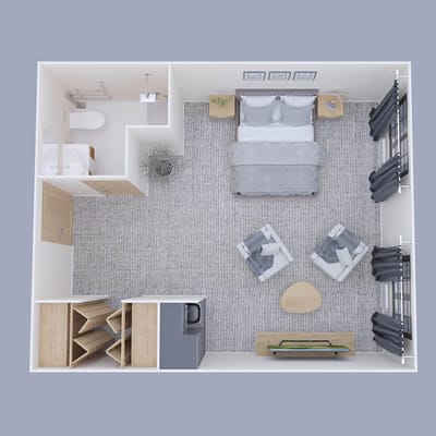 Aerial view of a basic resident room layout