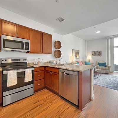 Bright interior kitchen area with modern appliances