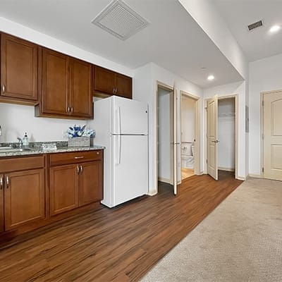 Interior view of a resident's kitchen and hallway