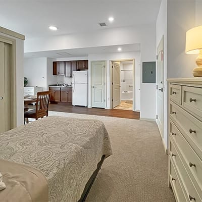 A bright and spacious resident room with kitchenette