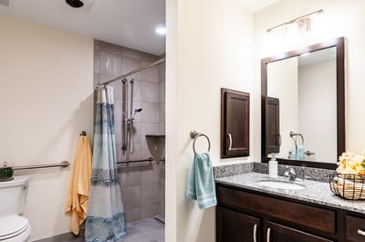 Modern bathroom with shower and vanity