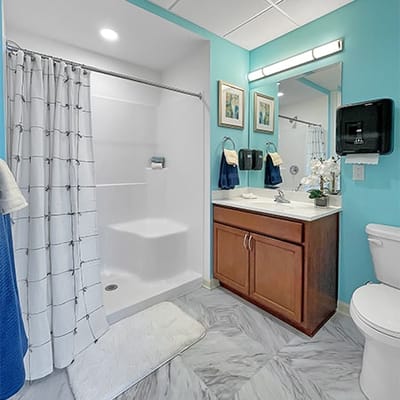 Bright, accessible bathroom in a senior living unit