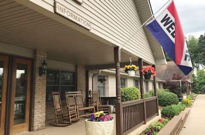 Welcoming front porch of a senior living facility