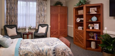 Brightly designed interior of a resident room
