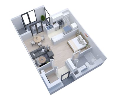 Stylized floor plan of a one-bedroom apartment