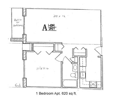 Architectural floor plan of a one-bedroom apartment