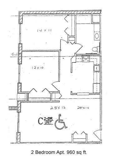 Architectural floor plan of a two-bedroom apartment