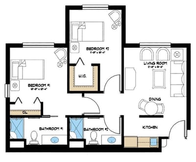 Architectural floor plan of a living unit layout