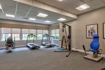 Exercise equipment in a fitness room for seniors