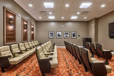 Interior view of a community activity room with seating