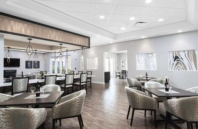 Bright dining area with modern furnishings and decor