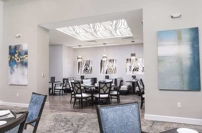 Elegant dining room with stylish decor and seating
