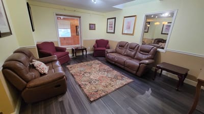 Cozy seating area in a bright common room