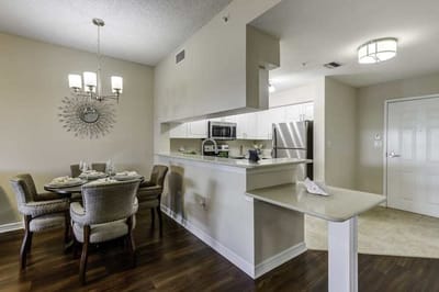 Modern kitchen and dining area in a senior apartment