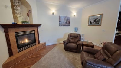 Cozy interior space with fireplace and seating