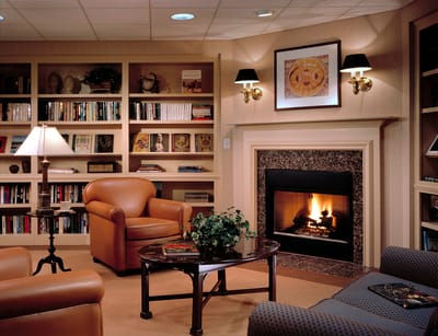 Cozy common area with a fireplace and bookshelves