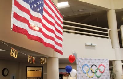 Interior space with patriotic decorations for an event