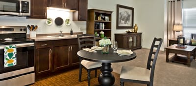 Bright interior of a kitchenette area with dining table