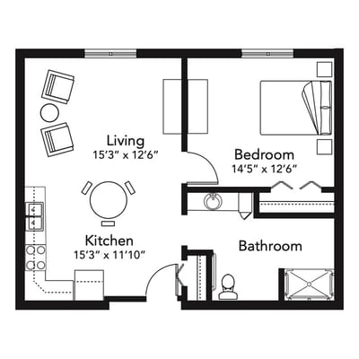 Architectural floor plan of a two-bedroom unit