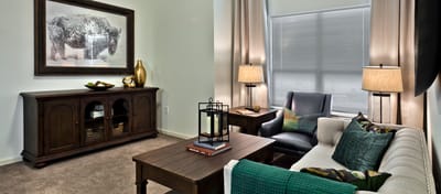 Bright common area with comfortable seating and decor