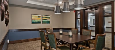 Interior view of a dining area with artwork