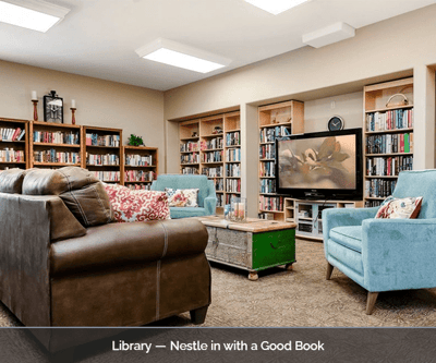 Cozy library space with books and comfortable seating