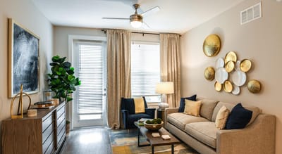 Cozy living room with modern decor and natural light