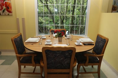 Dining area with set table by a large window