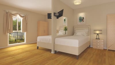 A well-furnished private room with twin beds