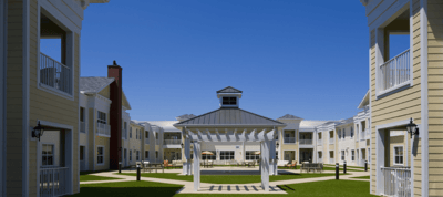 View of a courtyard with seating and landscaping