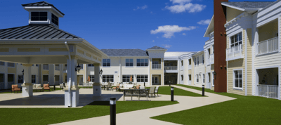Outdoor courtyard with seating and gazebo