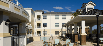 Exterior view of the facility with pool and seating area