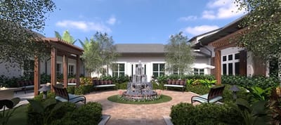 Beautiful courtyard with a fountain and seating areas