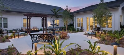 Tranquil outdoor seating area with a fountain