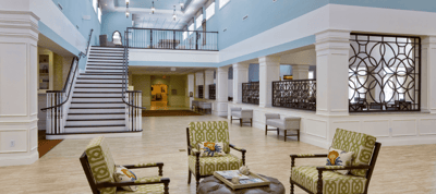Bright and spacious lobby area with seating