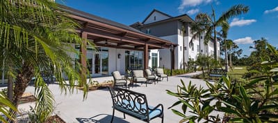 Outdoor seating area in front of the facility